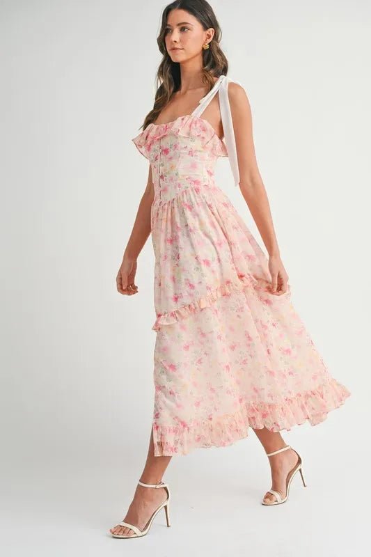 MABLE Floral Printed Shoulder Strap Midi Dress