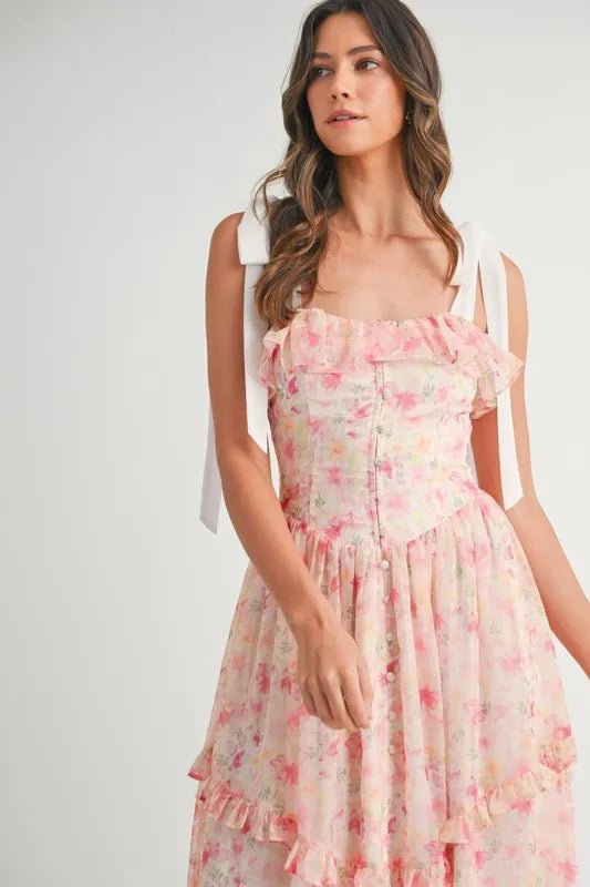 MABLE Floral Printed Shoulder Strap Midi Dress