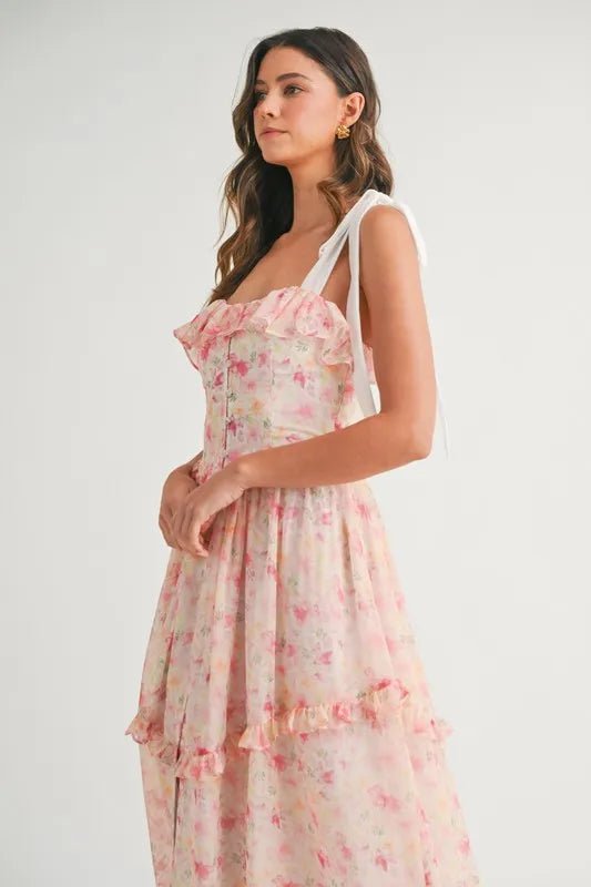 MABLE Floral Printed Shoulder Strap Midi Dress