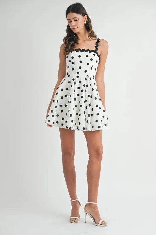 MABLE Polka Dot Mini Dress with Ricrac Trim Strap