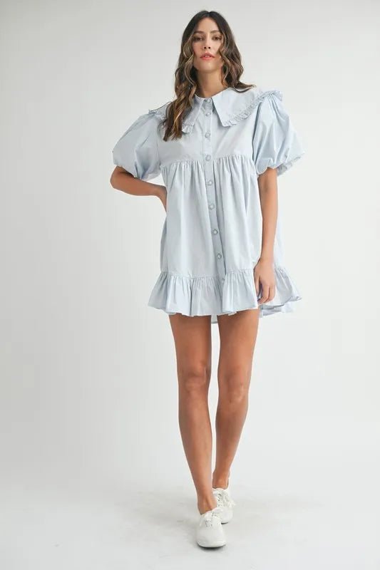 MABLE Ruffled Hem Peter Pan Collar Button Down Mini Dress