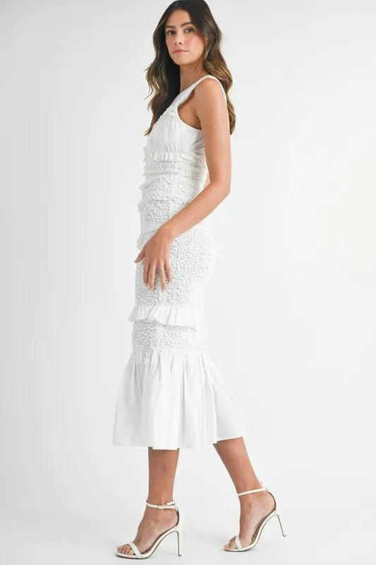 MABLE Ruffled Popcorn Smocked Mermaid Midi Dress