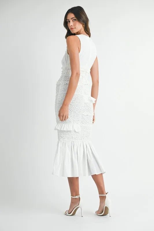MABLE Ruffled Popcorn Smocked Mermaid Midi Dress