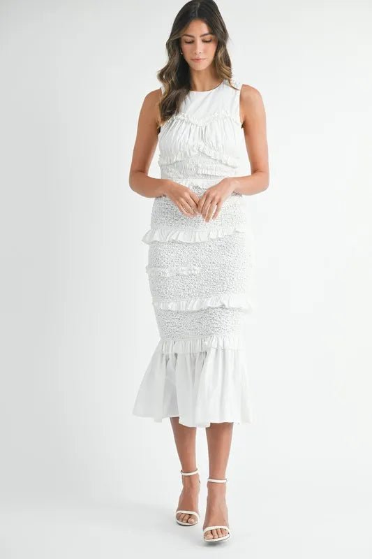 MABLE Ruffled Popcorn Smocked Mermaid Midi Dress
