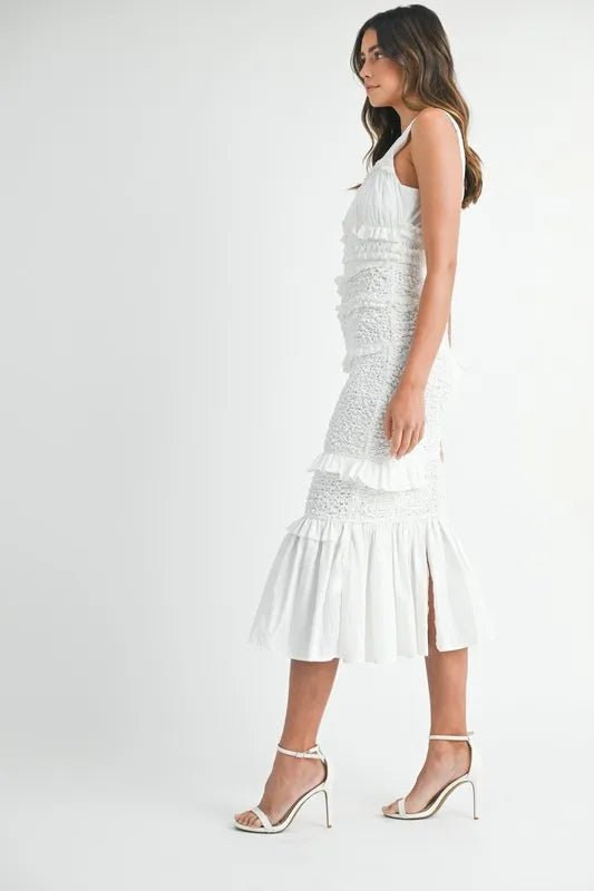 MABLE Ruffled Popcorn Smocked Mermaid Midi Dress