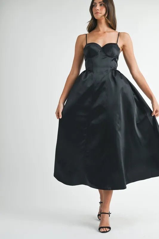 MABLE Solid Taffeta Spaghetti Strap Bustier Midi Dress