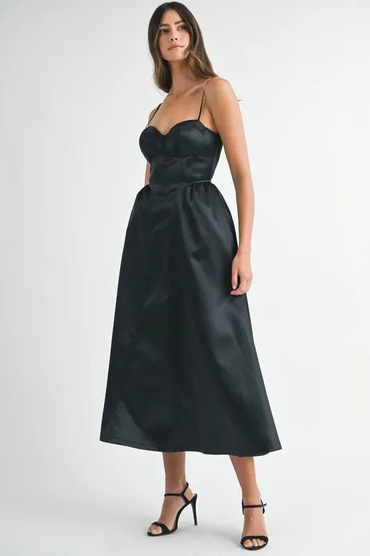 MABLE Solid Taffeta Spaghetti Strap Bustier Midi Dress