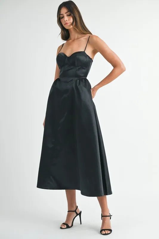 MABLE Solid Taffeta Spaghetti Strap Bustier Midi Dress