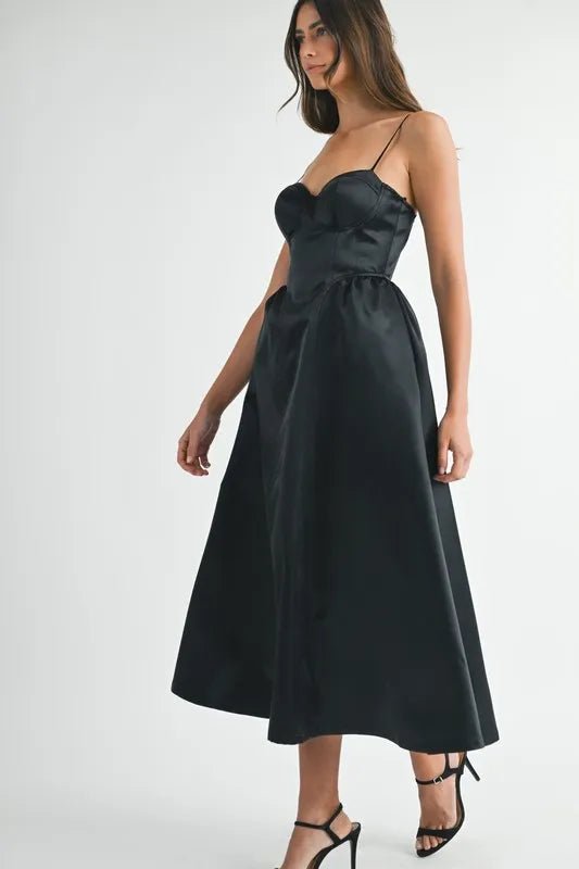 MABLE Solid Taffeta Spaghetti Strap Bustier Midi Dress