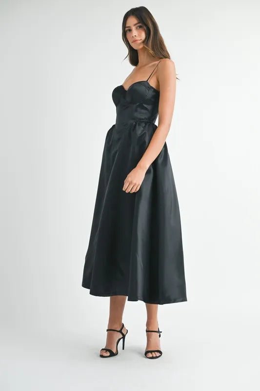 MABLE Solid Taffeta Spaghetti Strap Bustier Midi Dress