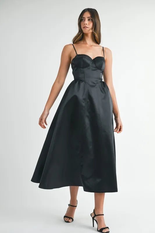 MABLE Solid Taffeta Spaghetti Strap Bustier Midi Dress