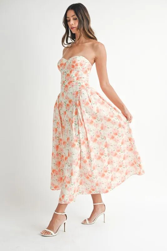 MABLE Sweetheart Neckline Floral Printed Midi Dress