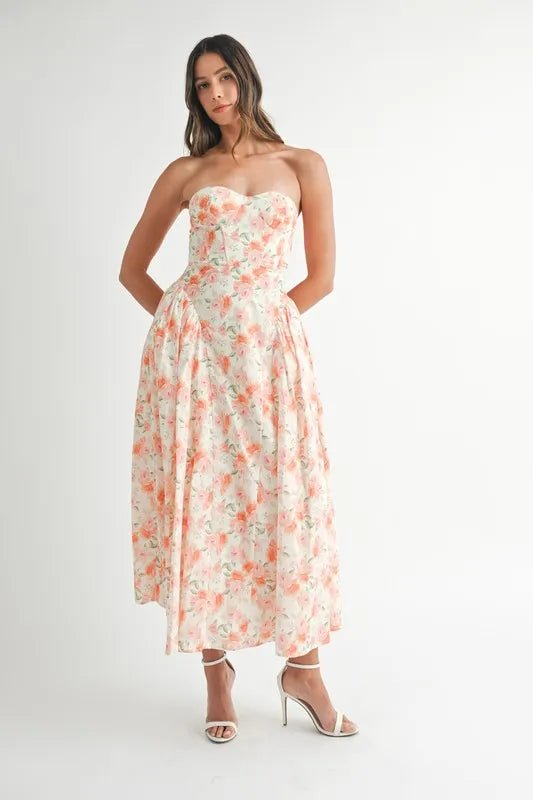 MABLE Sweetheart Neckline Floral Printed Midi Dress