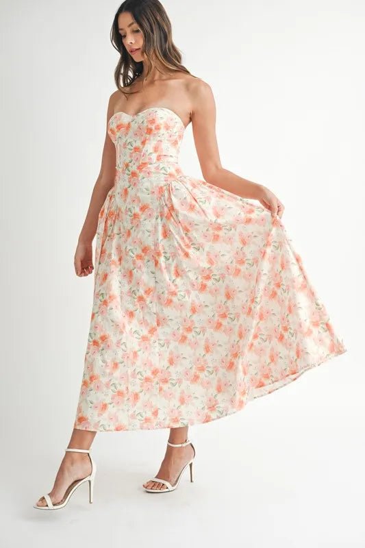 MABLE Sweetheart Neckline Floral Printed Midi Dress