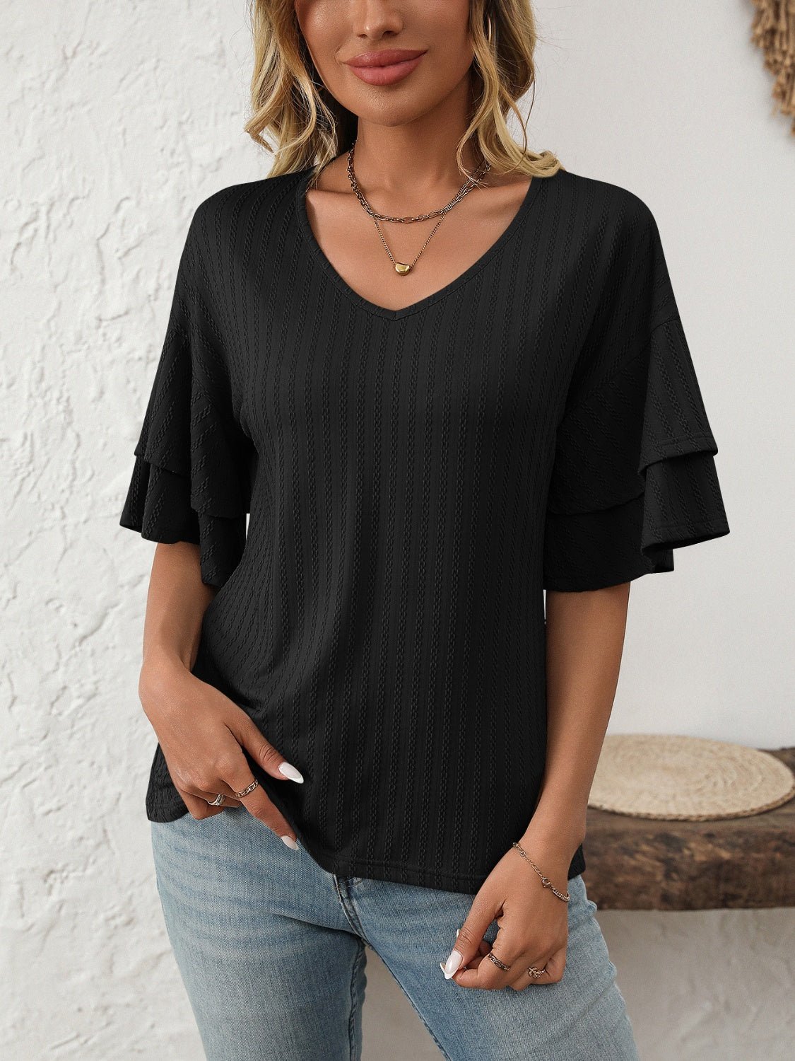 Mandy V - Neck Ruffle Half Sleeve Top