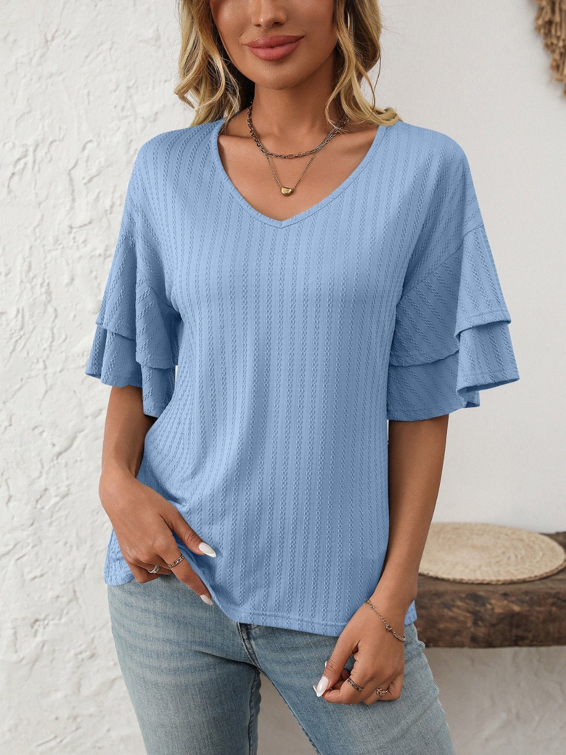 Mandy V - Neck Ruffle Half Sleeve Top