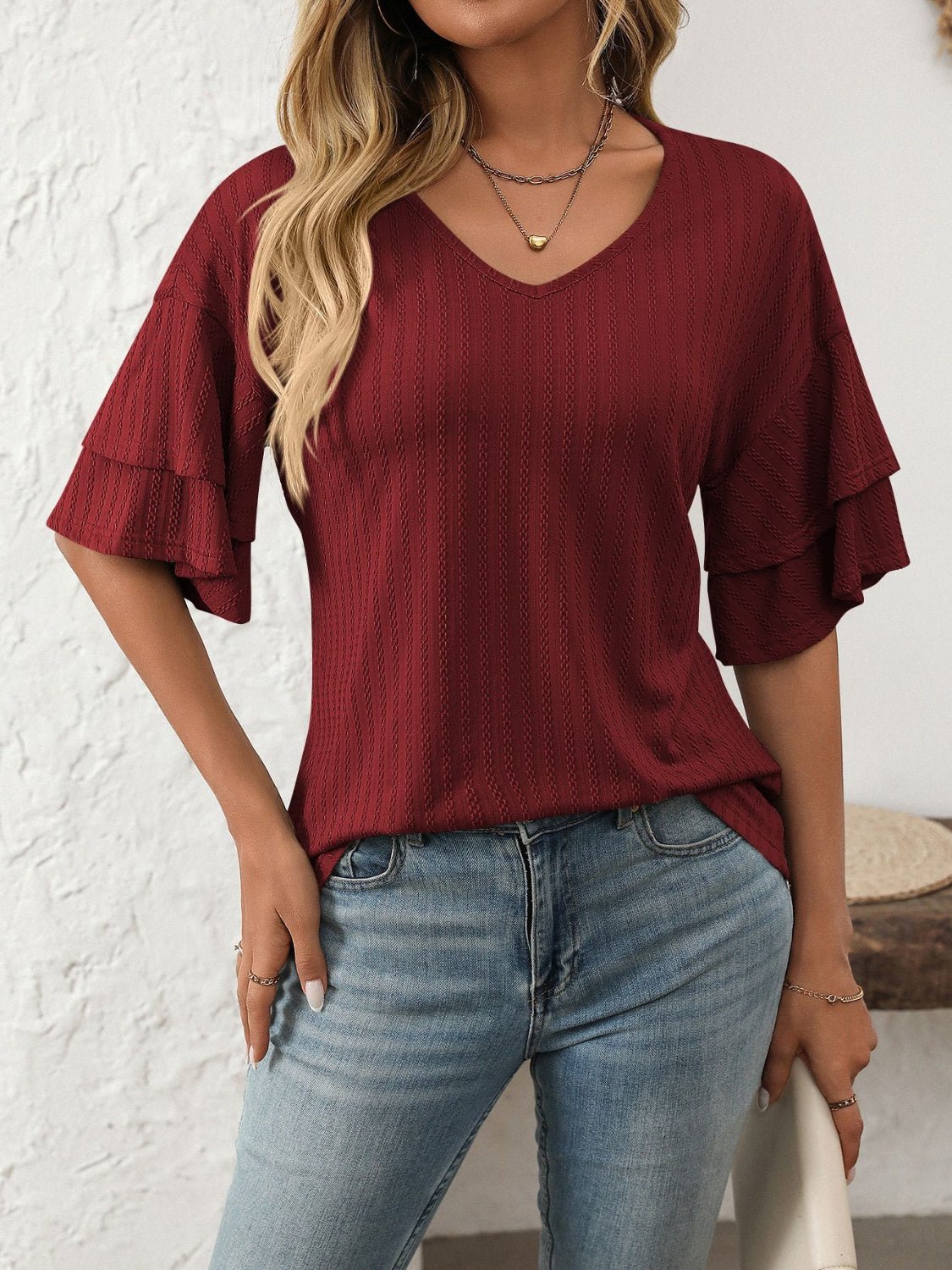 Mandy V - Neck Ruffle Half Sleeve Top