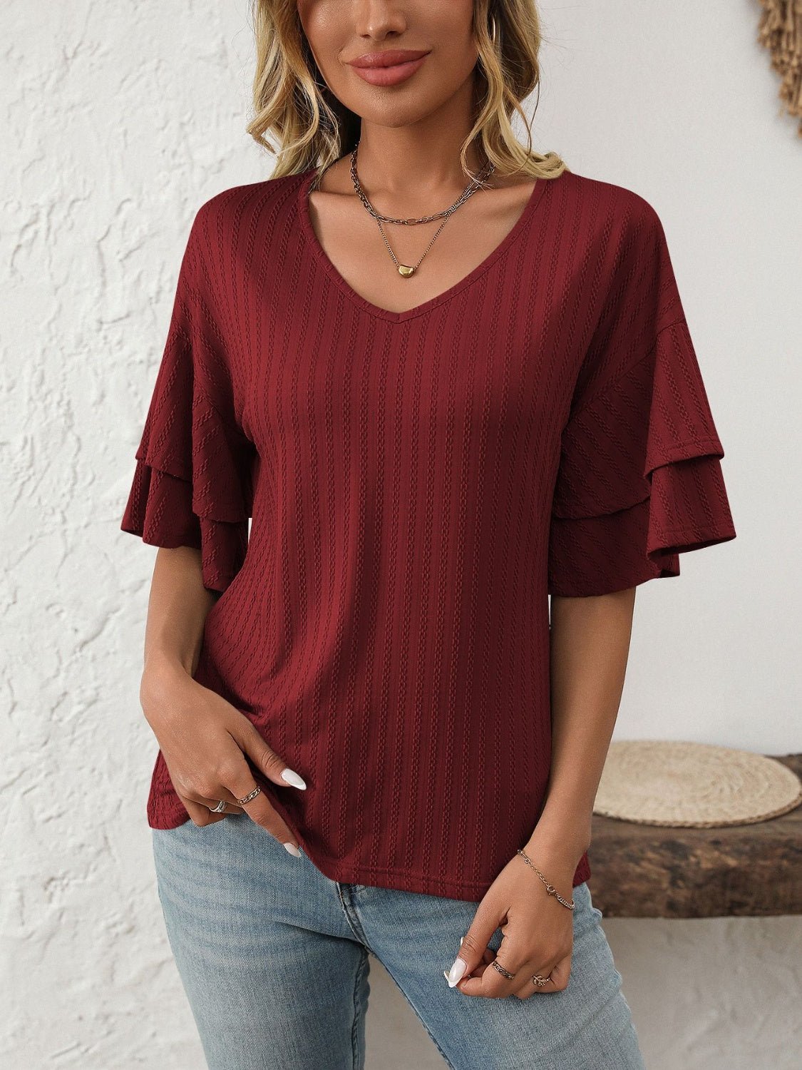 Mandy V - Neck Ruffle Half Sleeve Top