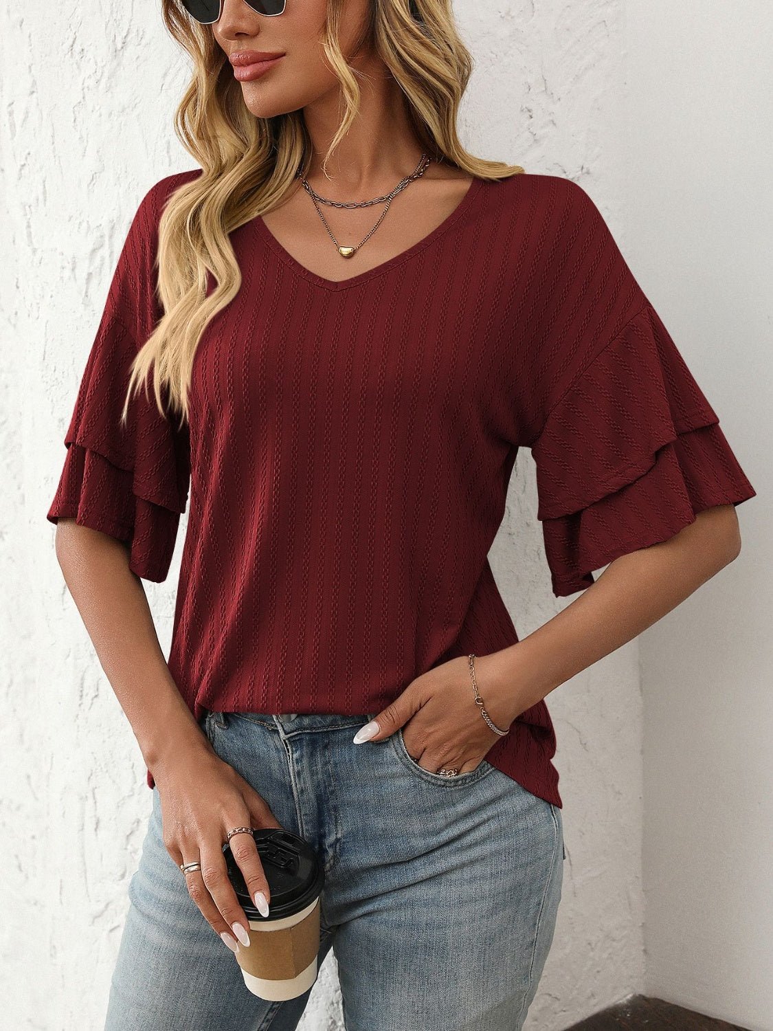 Mandy V - Neck Ruffle Half Sleeve Top