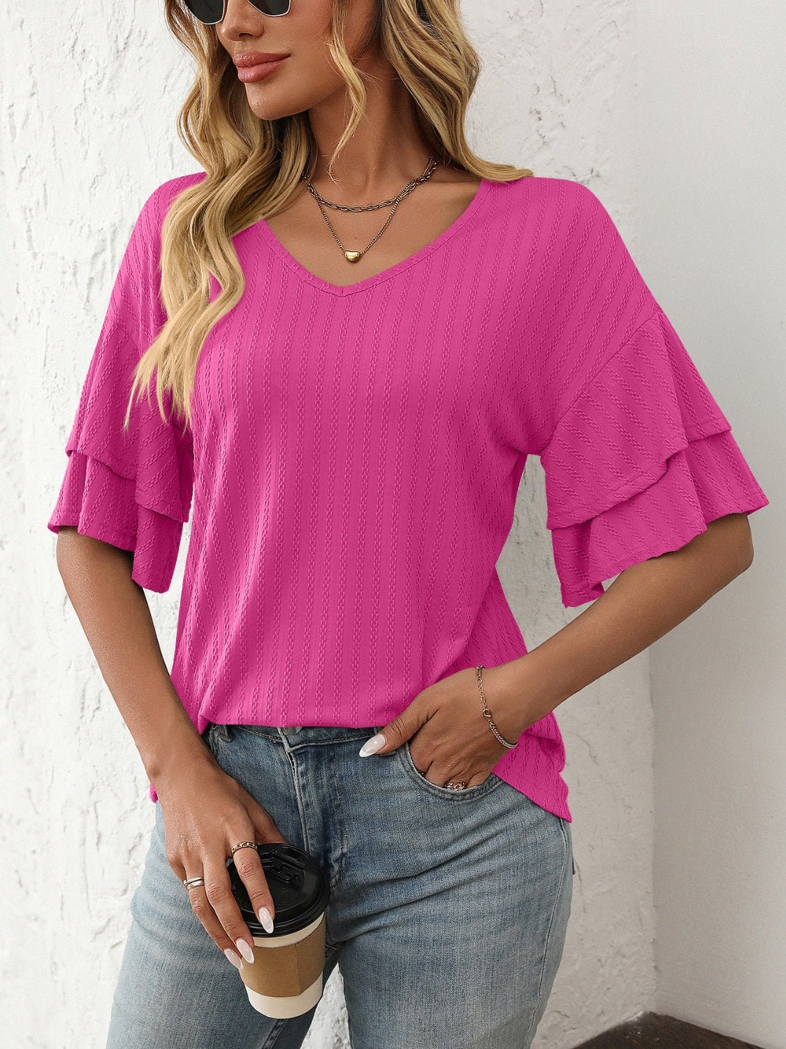 Mandy V - Neck Ruffle Half Sleeve Top