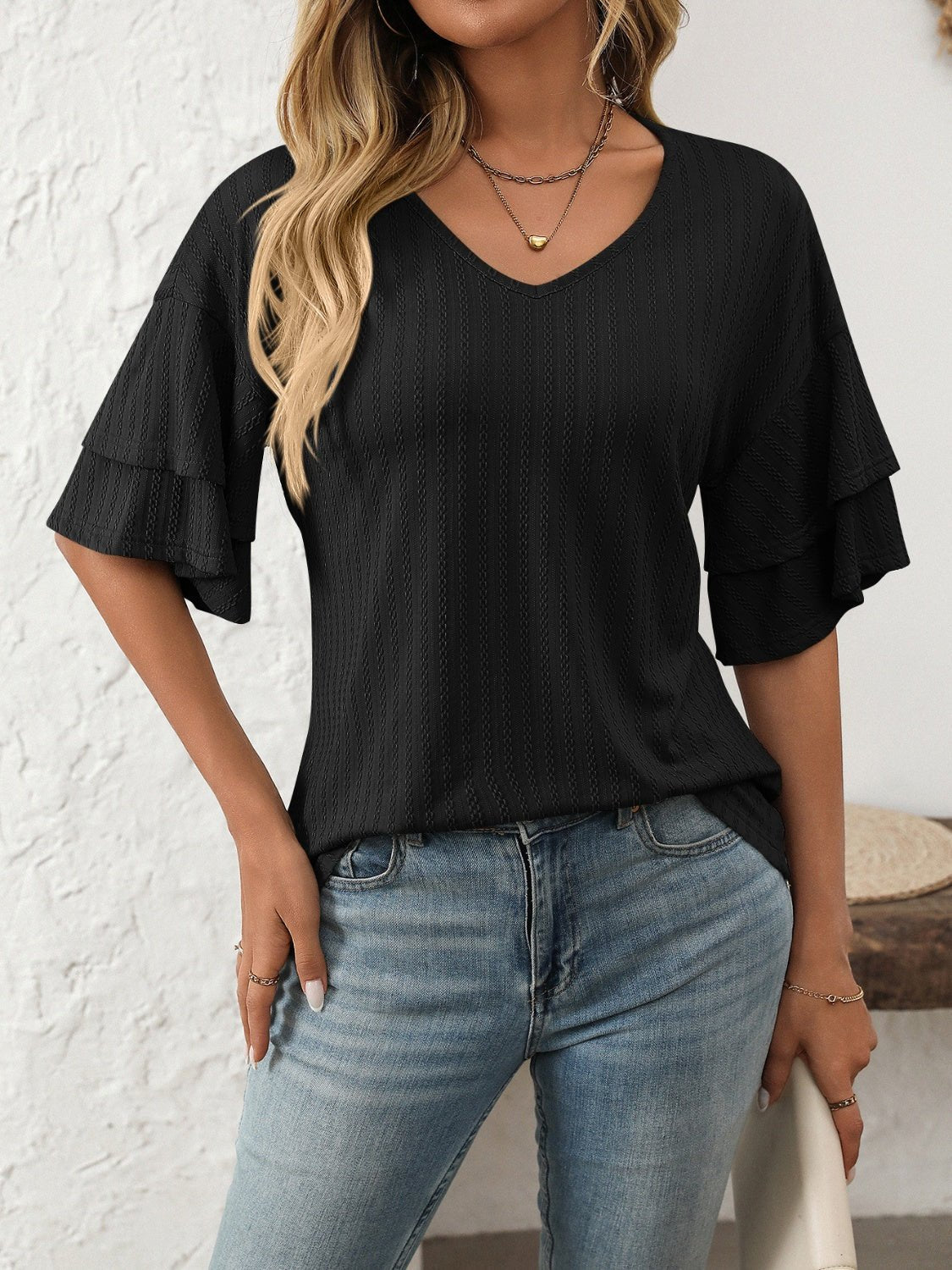 Mandy V - Neck Ruffle Half Sleeve Top