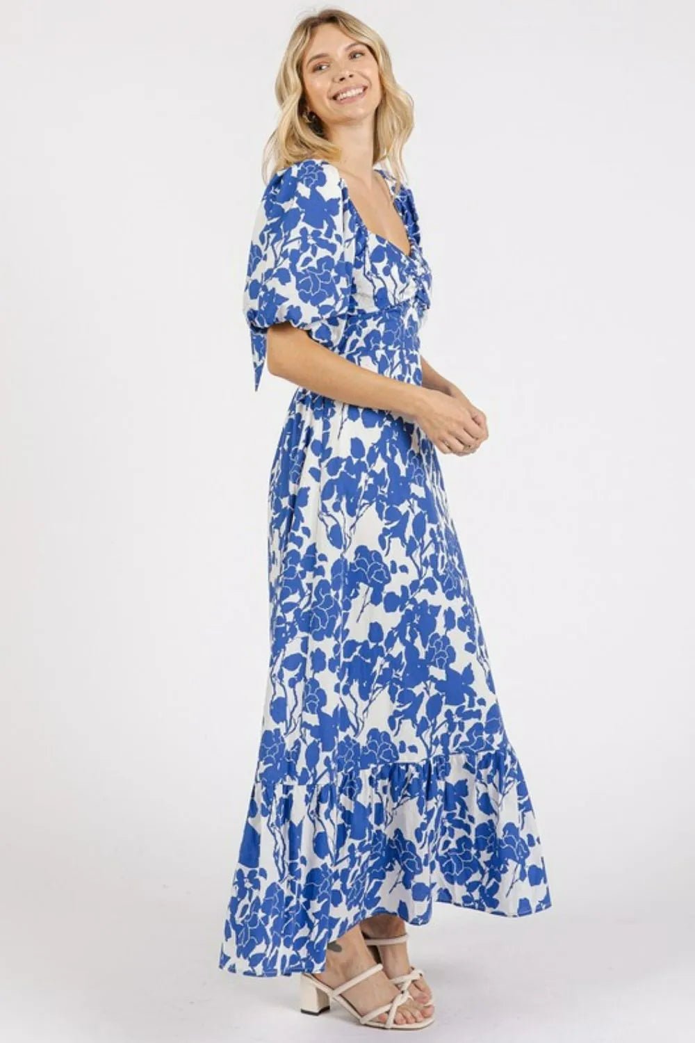 Mittoshop Cutout Back Floral Sweetheart Neck Puff Sleeve Dress