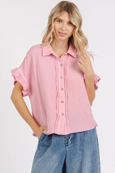 Mittoshop Mineral Washed Button Down Flounce Sleeve Shirt
