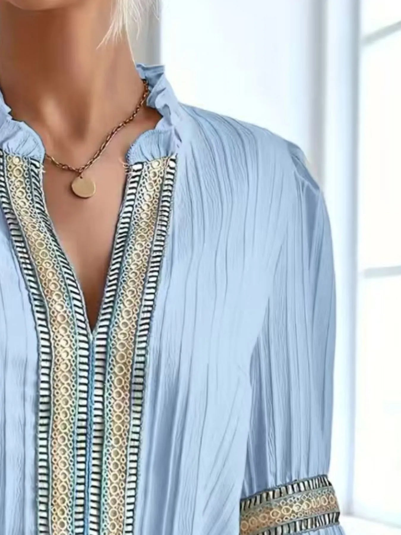 Notched Textured Balloon Sleeve Blouse