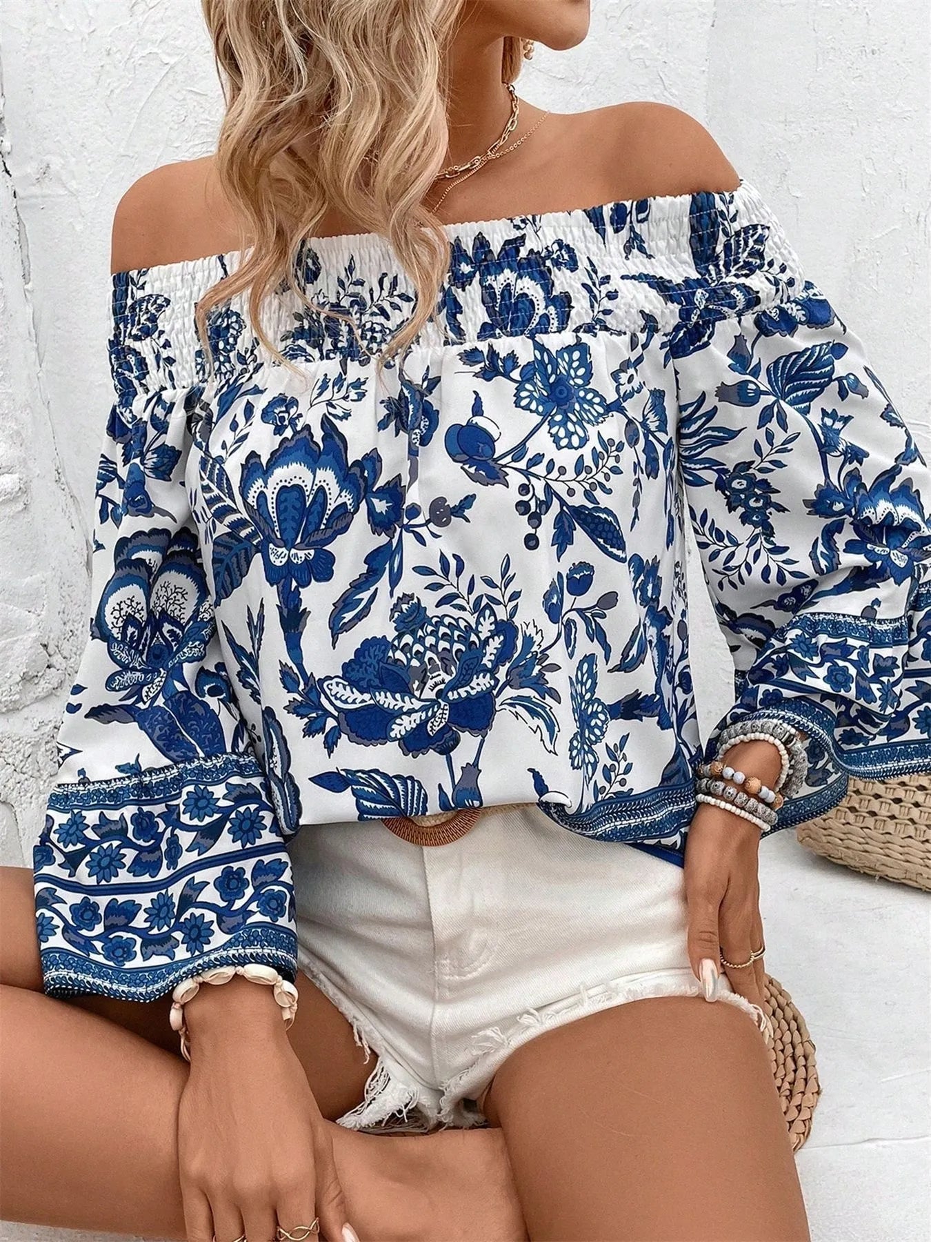 Off - Shoulder Floral Print Blouse