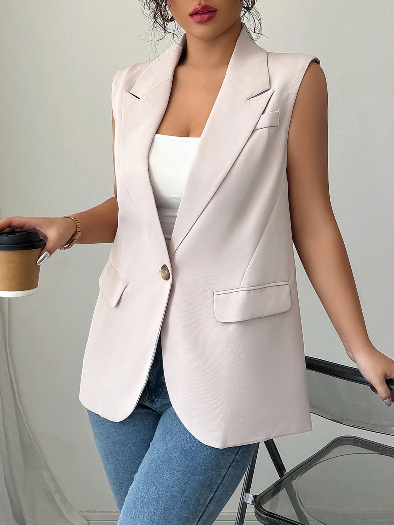 One Button V - Neck Blazer Vest Coat