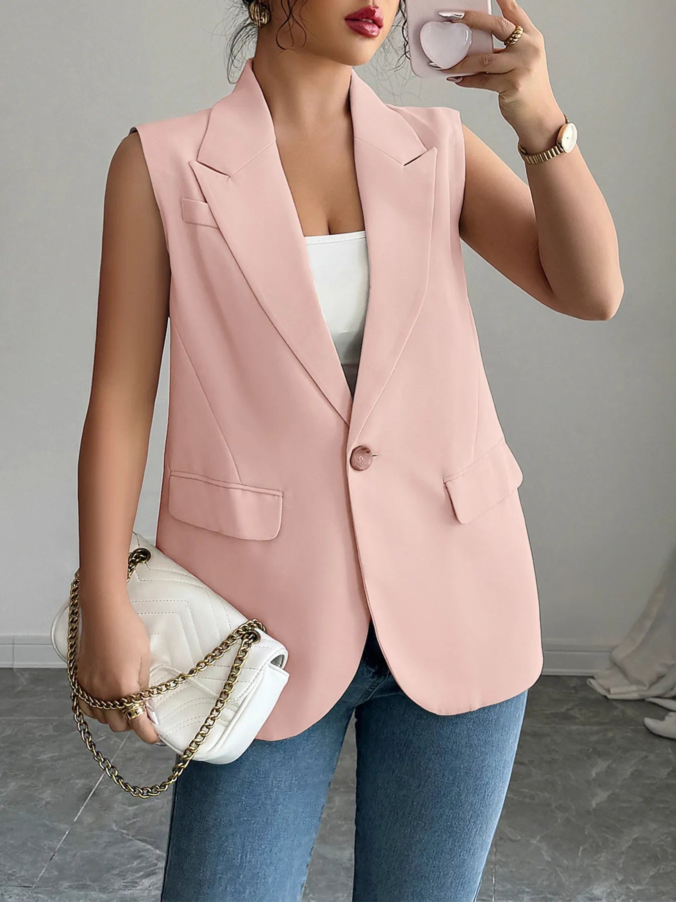 One Button V - Neck Blazer Vest Coat