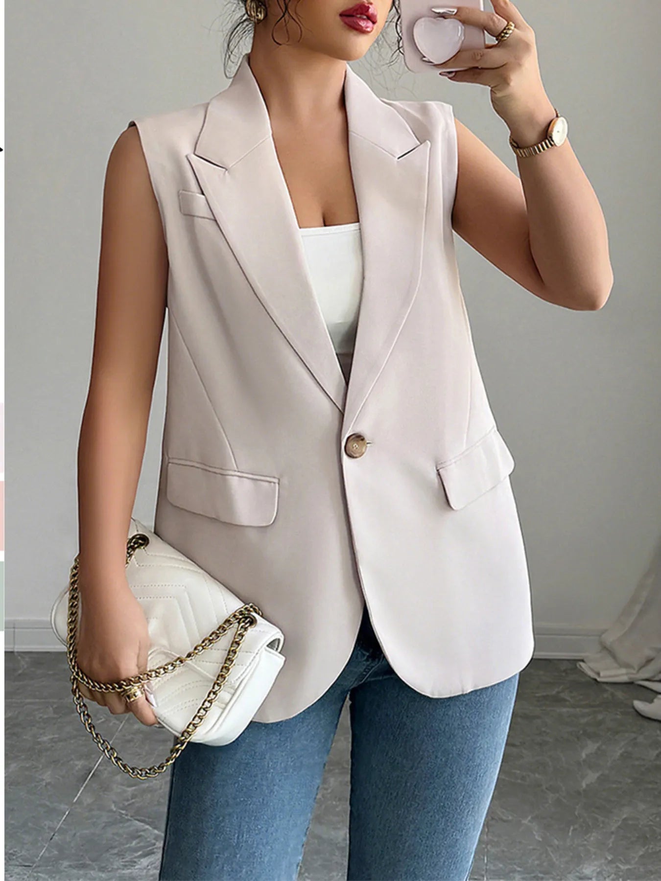 One Button V - Neck Blazer Vest Coat