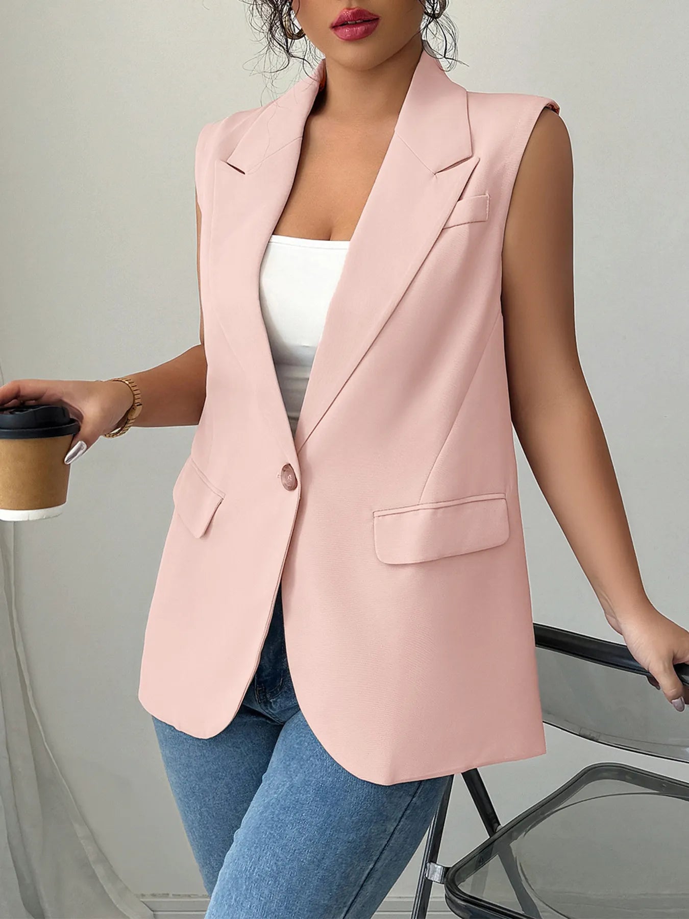 One Button V - Neck Blazer Vest Coat