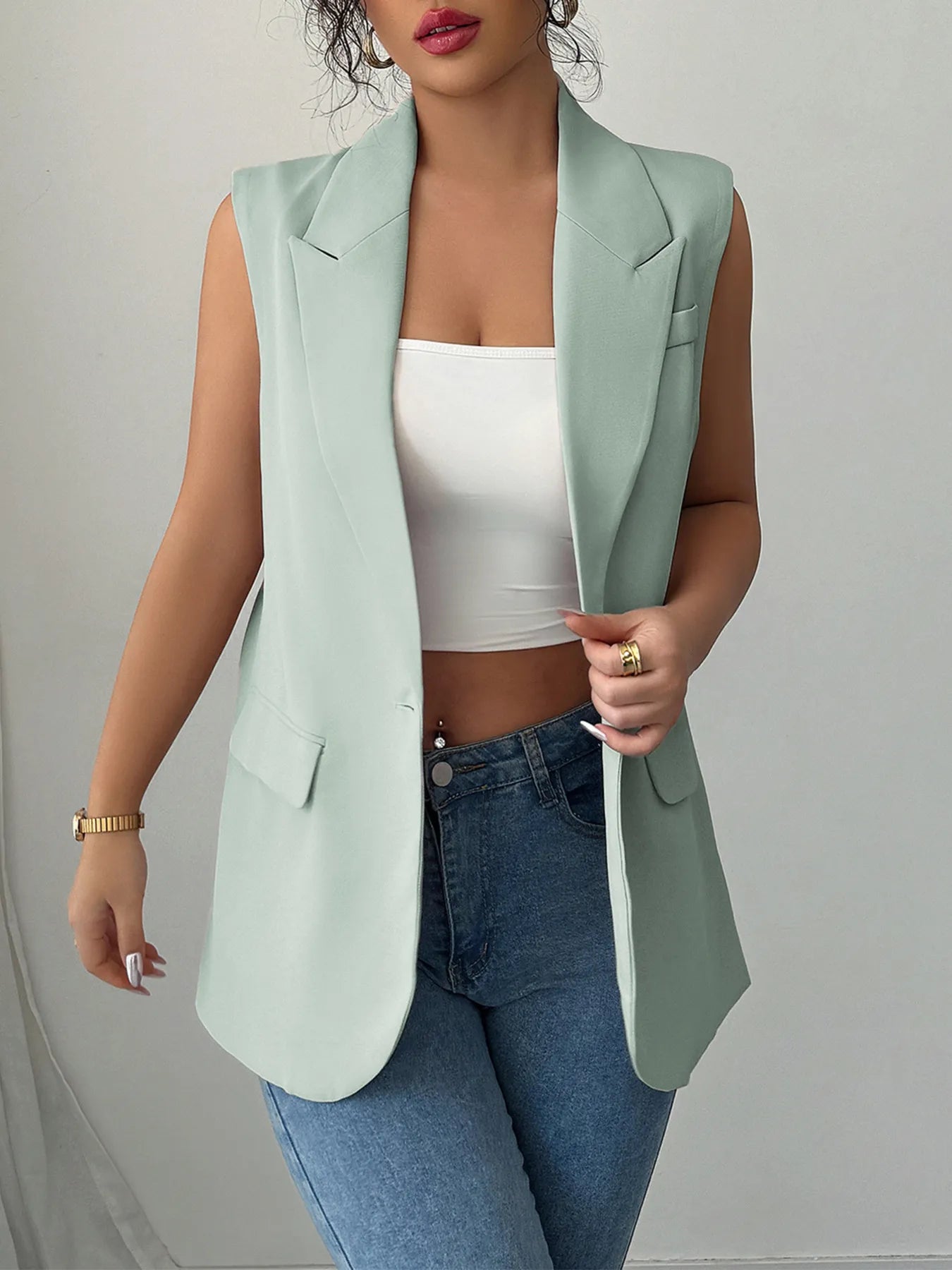 One Button V - Neck Blazer Vest Coat