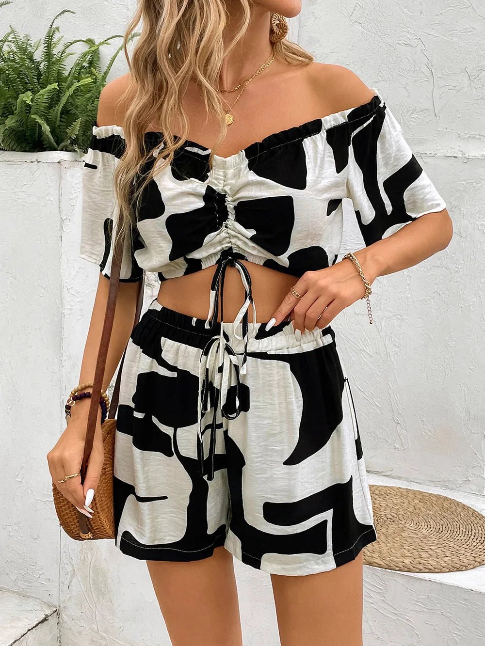 Perfee Drawstring Off - Shoulder Top and Shorts Set
