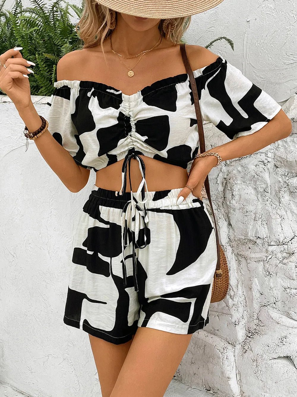 Perfee Drawstring Off - Shoulder Top and Shorts Set