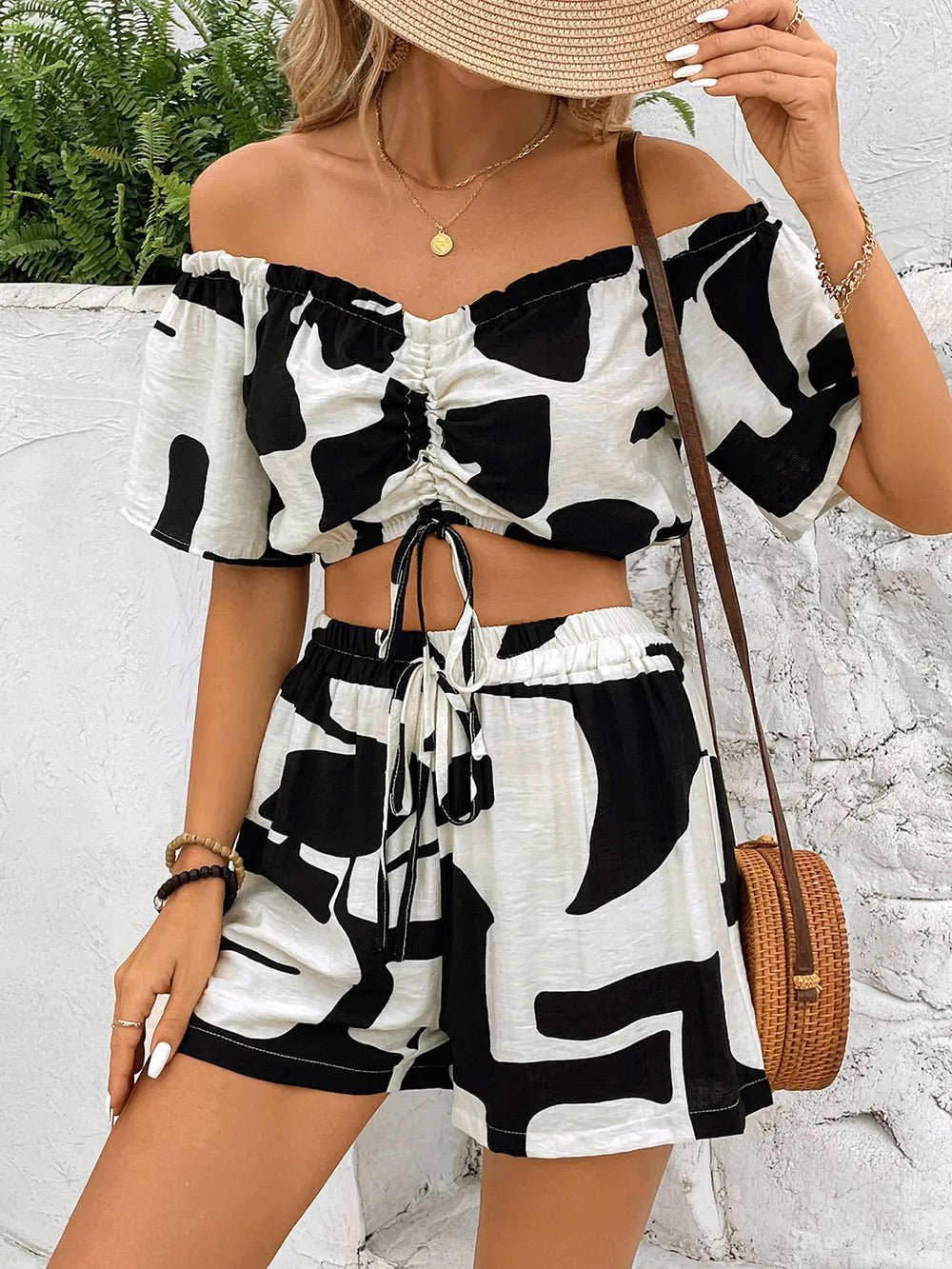 Perfee Drawstring Off - Shoulder Top and Shorts Set