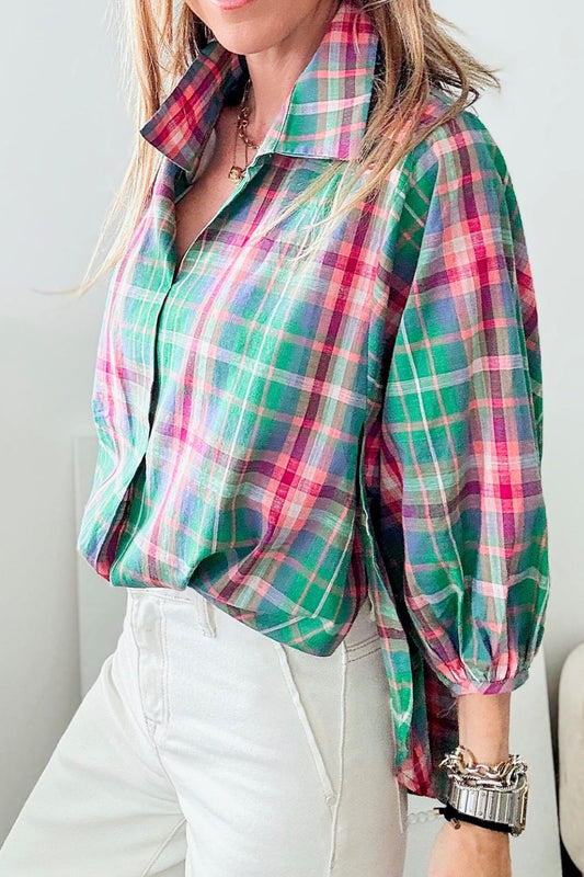 Plaid Collared Neck Three - Quarter Sleeve Shirt