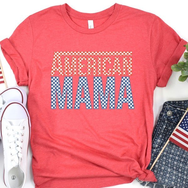 Plus American Mama Checkered Red White Blue teeT-shirt