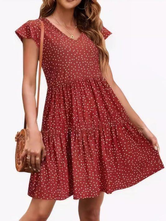 Polka Dot Ruffle Sleeve V - Neck Mini Dress
