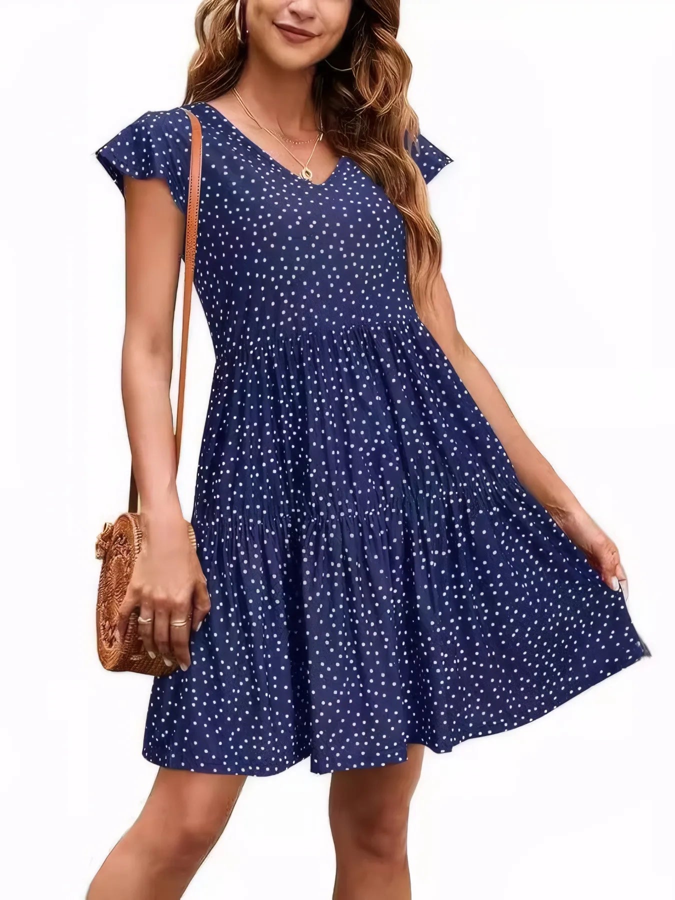 Polka Dot Ruffle Sleeve V - Neck Mini Dress