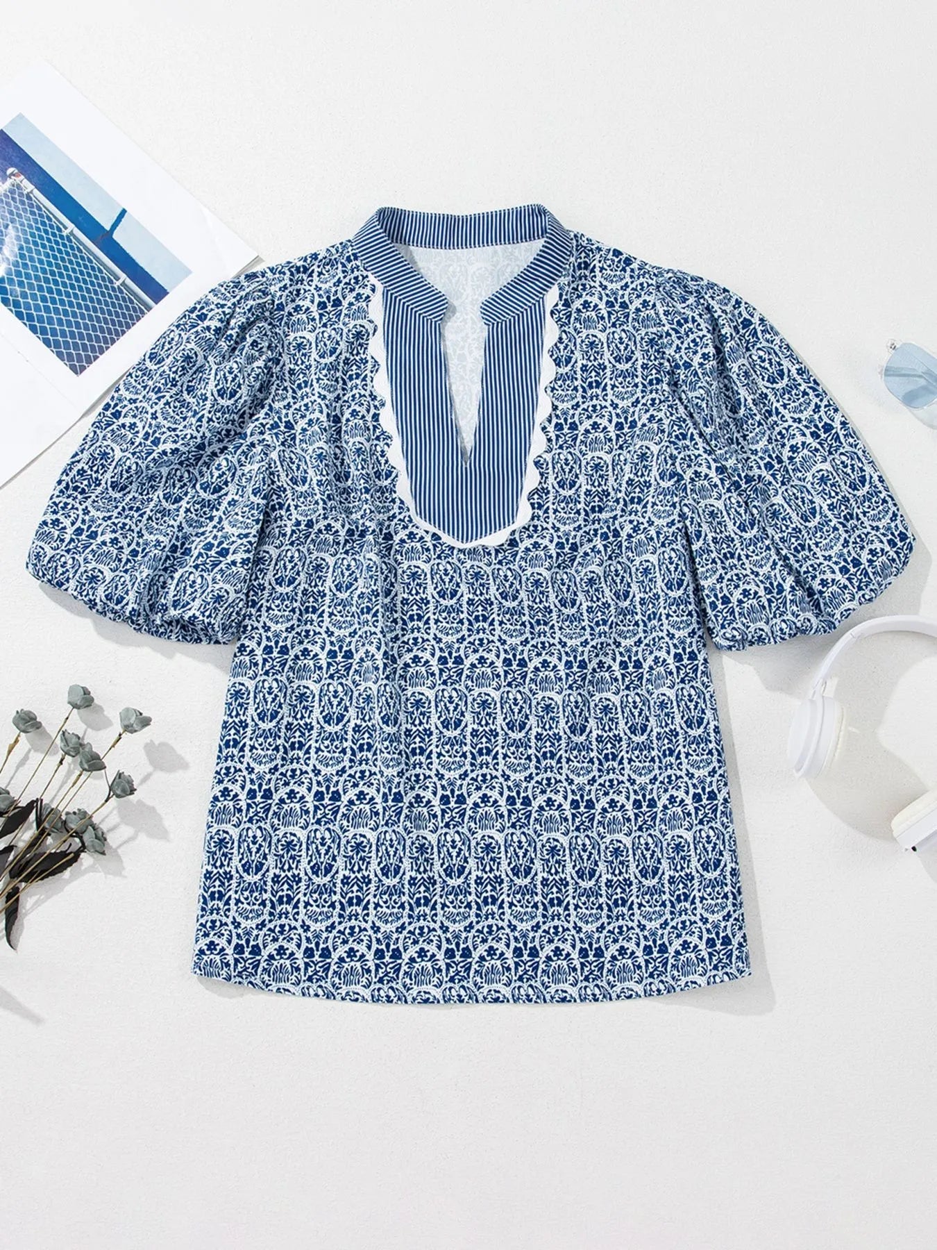 Printed Contrast Ric - Rac Puff Sleeve Top