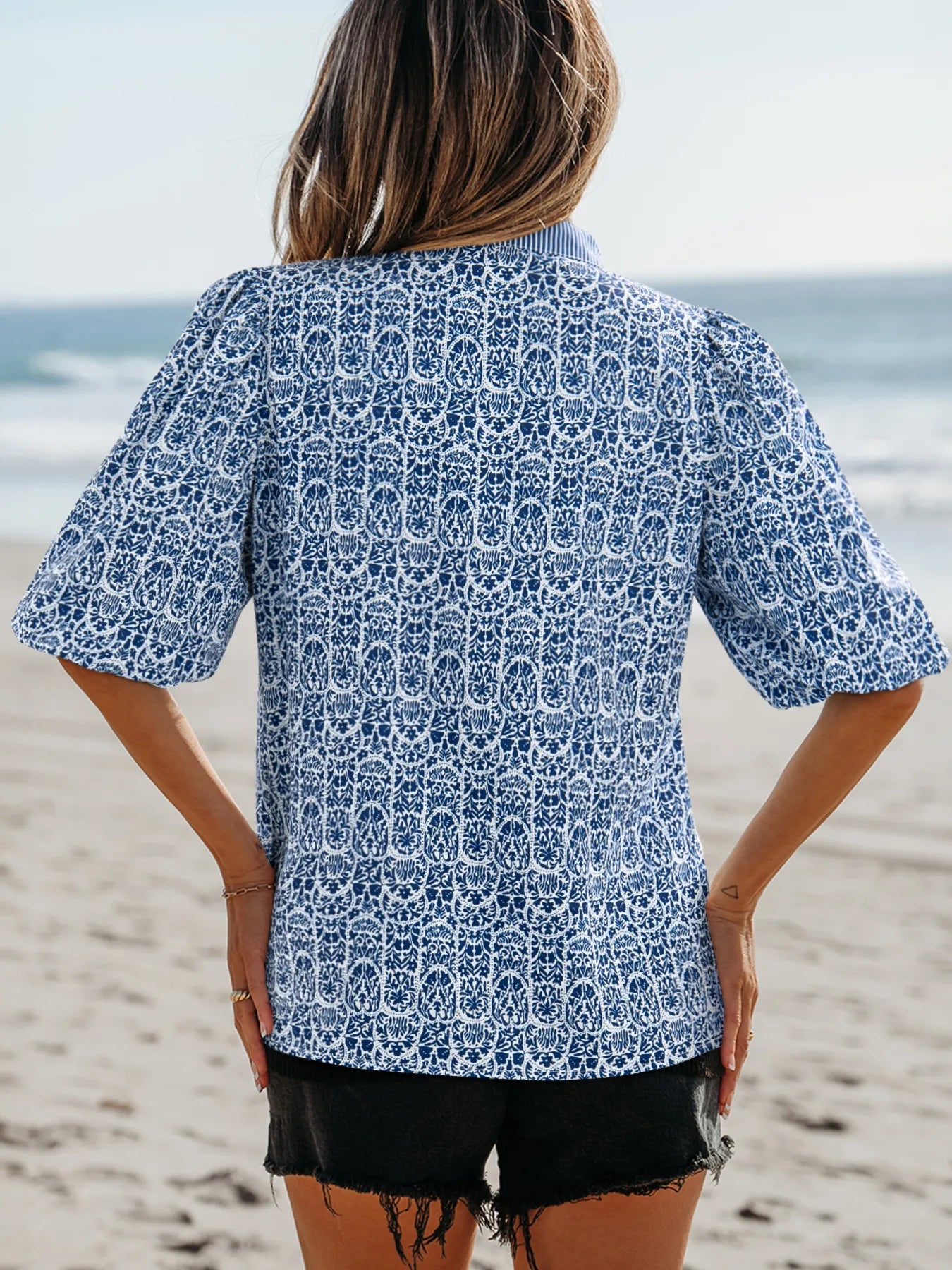 Printed Contrast Ric - Rac Puff Sleeve Top