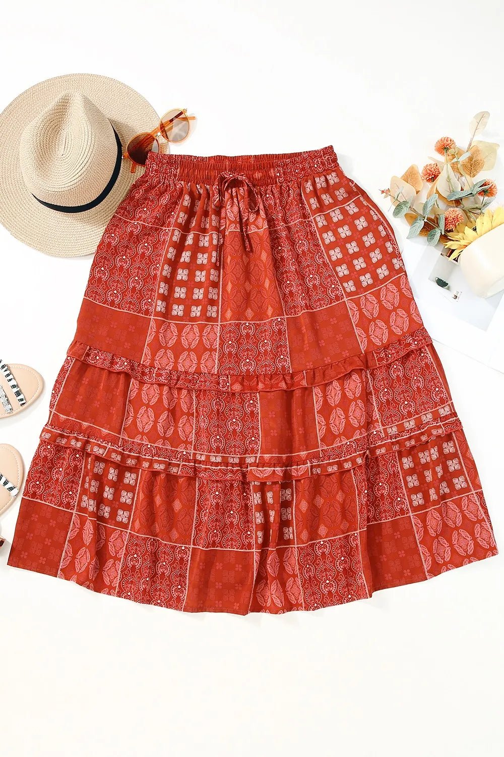 Printed Drawstring Midi Skirt
