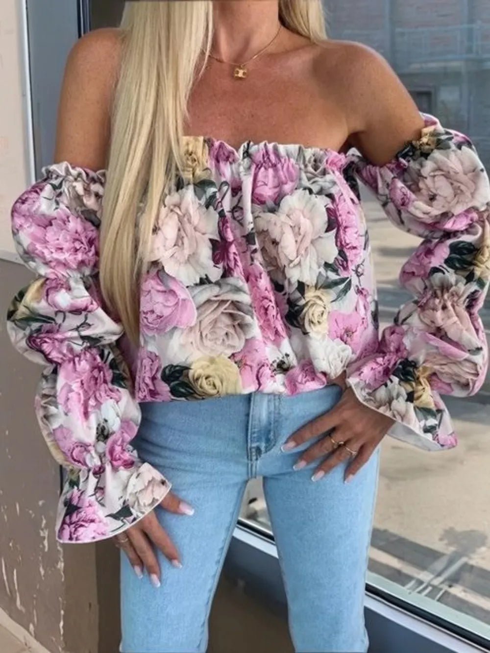 Printed Off - Shoulder Flounce Sleeve Blouse