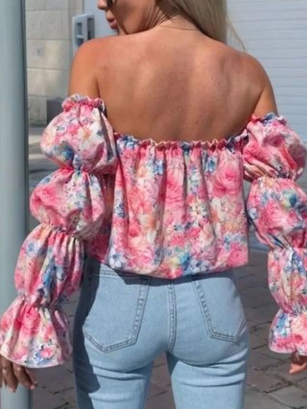 Printed Off - Shoulder Flounce Sleeve Blouse