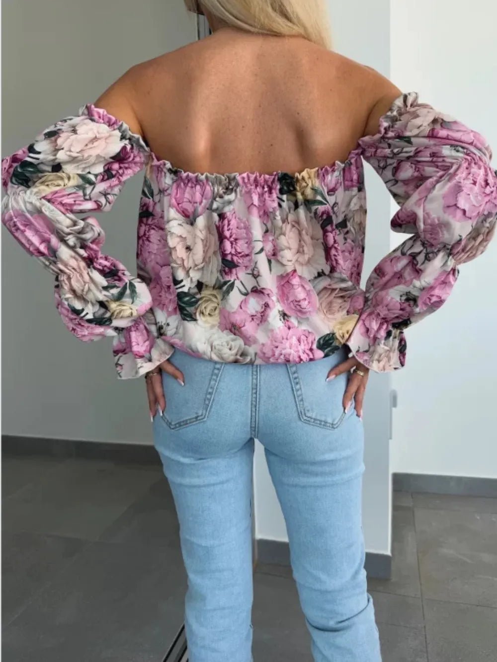 Printed Off - Shoulder Flounce Sleeve Blouse