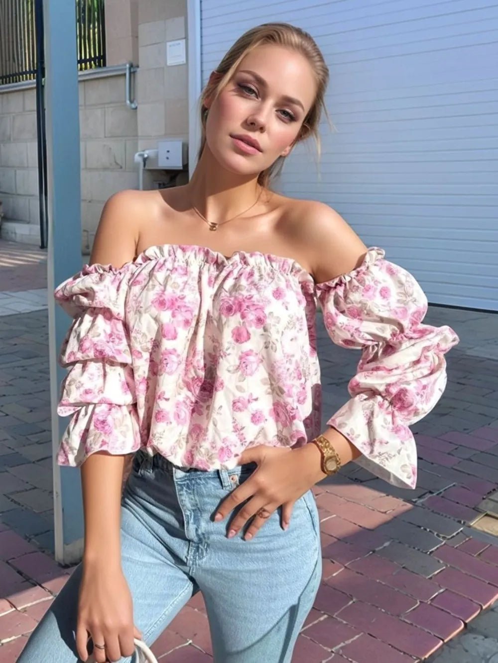 Printed Off - Shoulder Flounce Sleeve Blouse