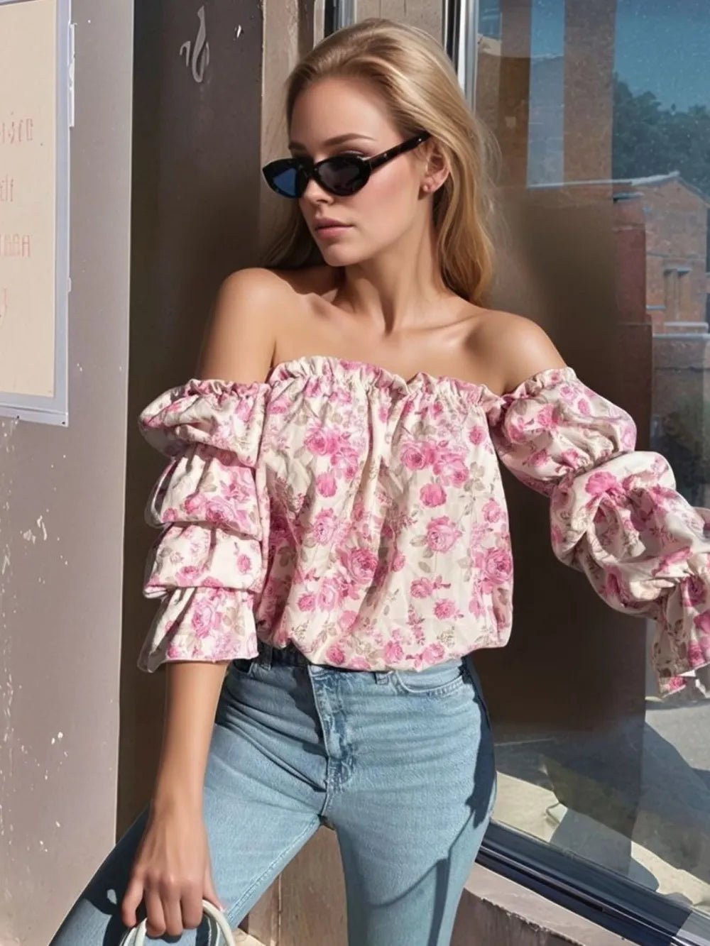 Printed Off - Shoulder Flounce Sleeve Blouse
