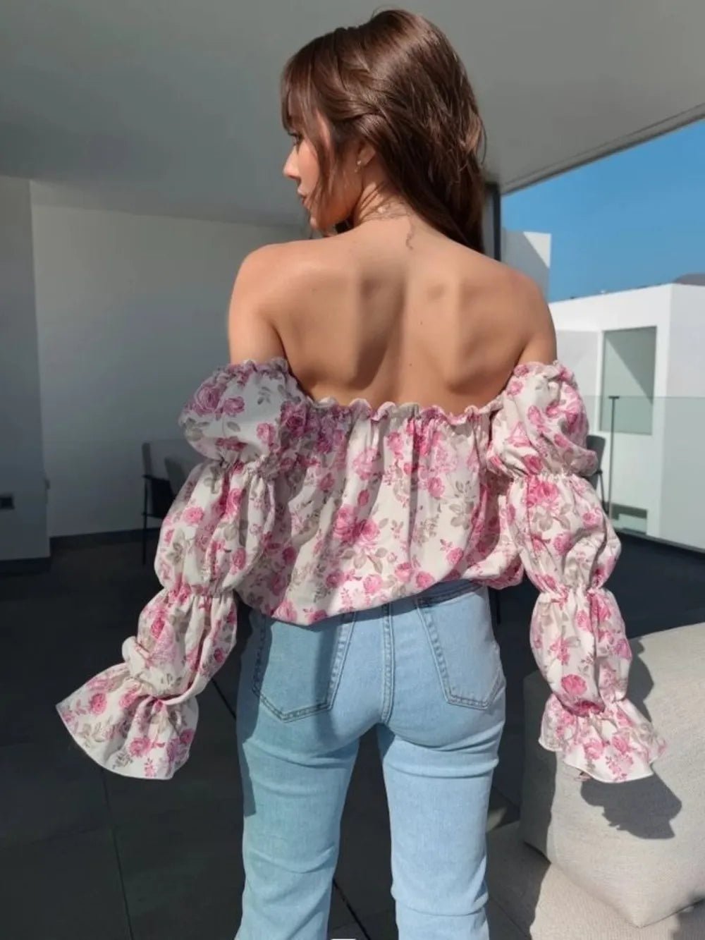 Printed Off - Shoulder Flounce Sleeve Blouse